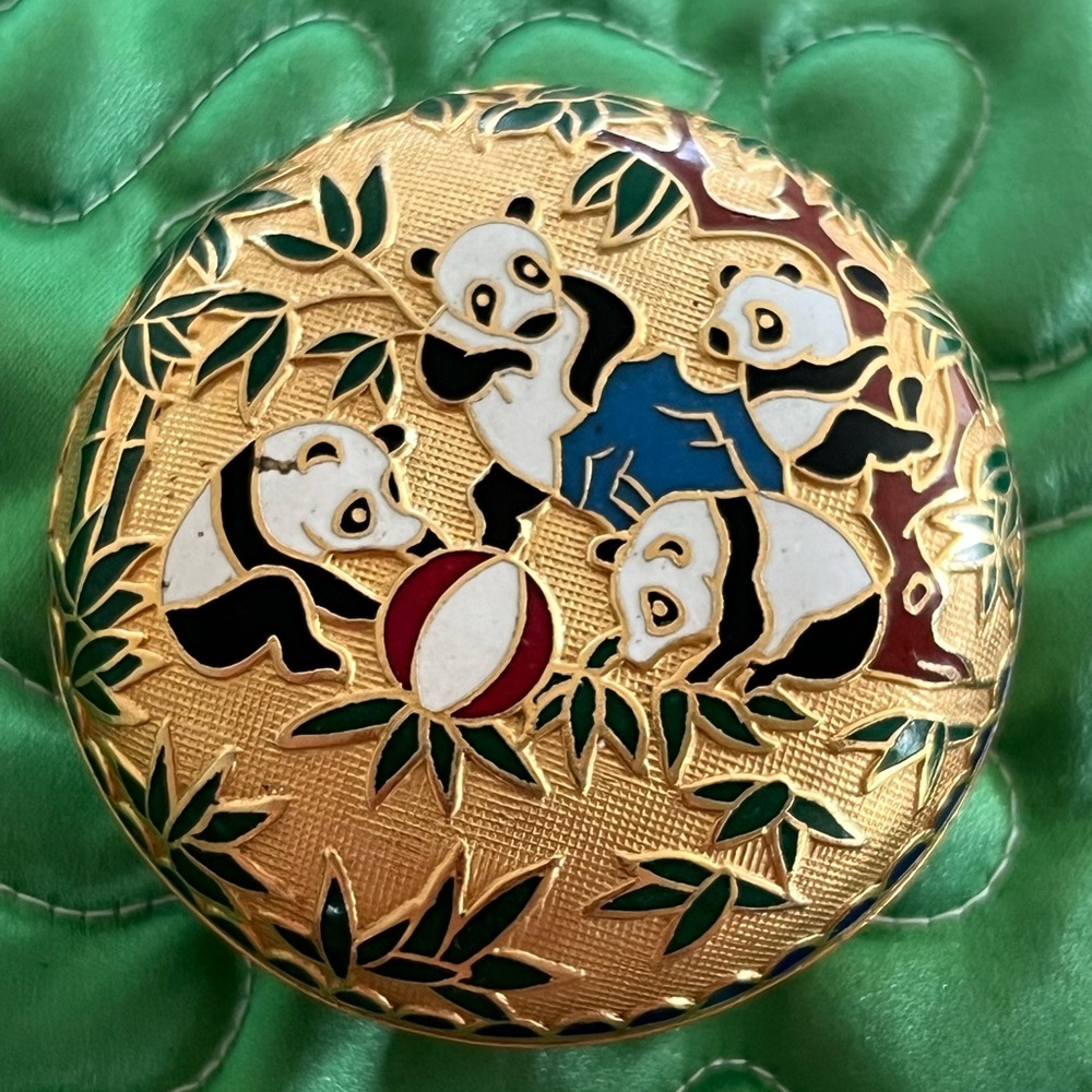 Gold-tone Panda Cloisonné Compact with Red & Blue Enamel Accents